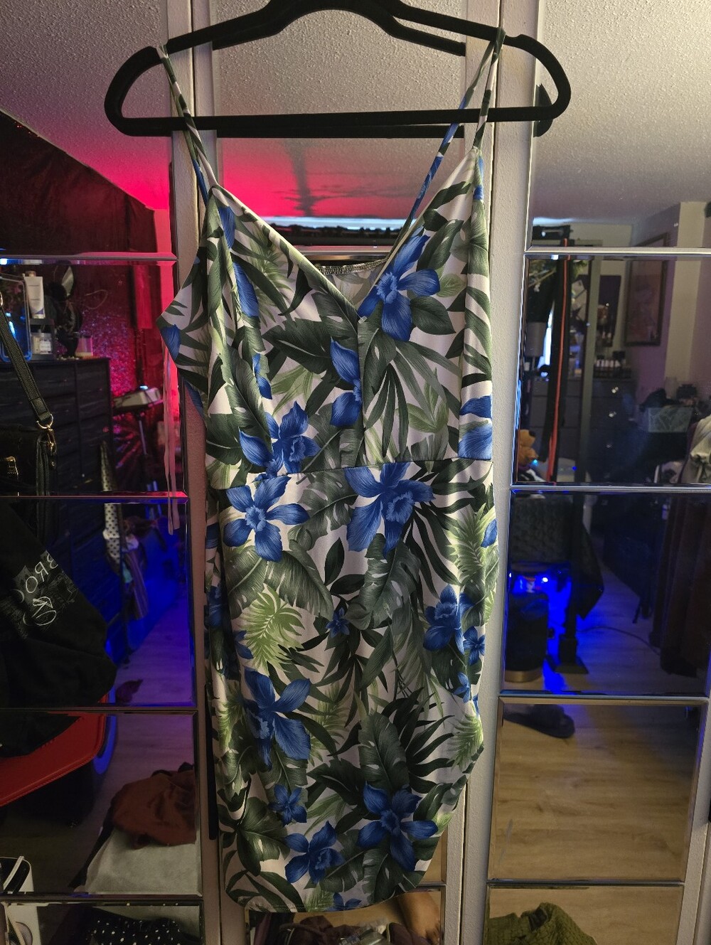 Blue Floral Slip Dress with Green Leaf Print